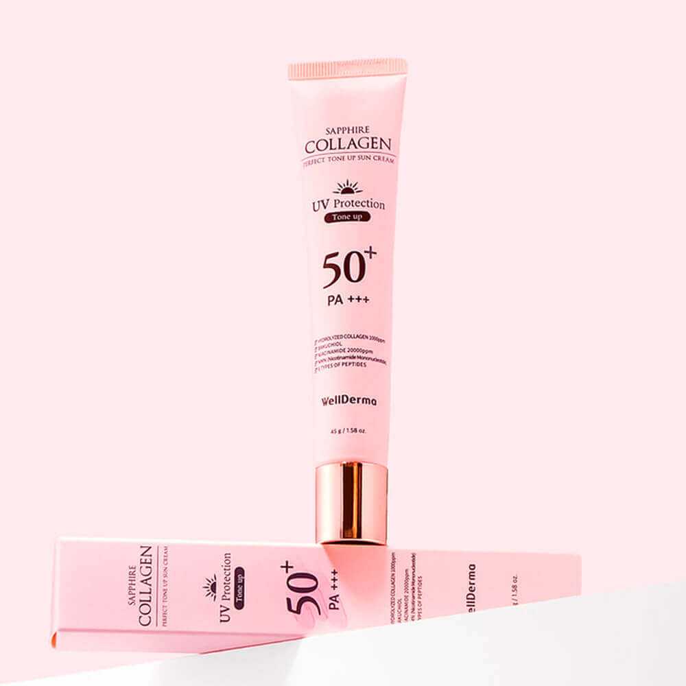 Тонирующий санскрин с коллагеном WellDerma Tone Up Sun Cream Sapphire Collagen Perfect SPF50+ PA+++
