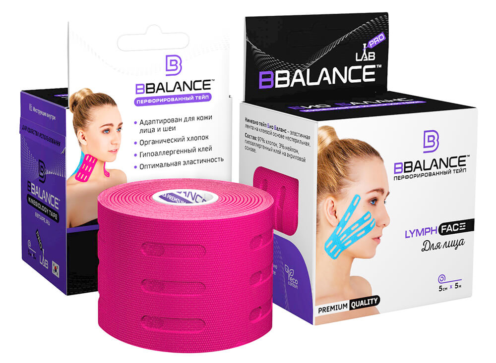 Перфорированный кинезио тейп против отёчности BBTape Lymph Face 5см*5м - розовый