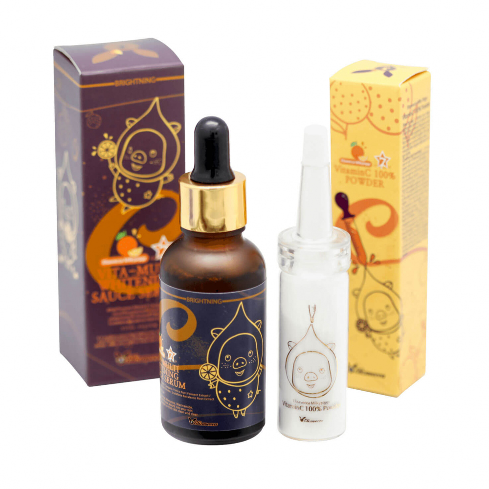 Набор для осветления кожи лица Elizavecca Vitamin C 100% Powder + Vita-Multi Whitening Sauce Serum